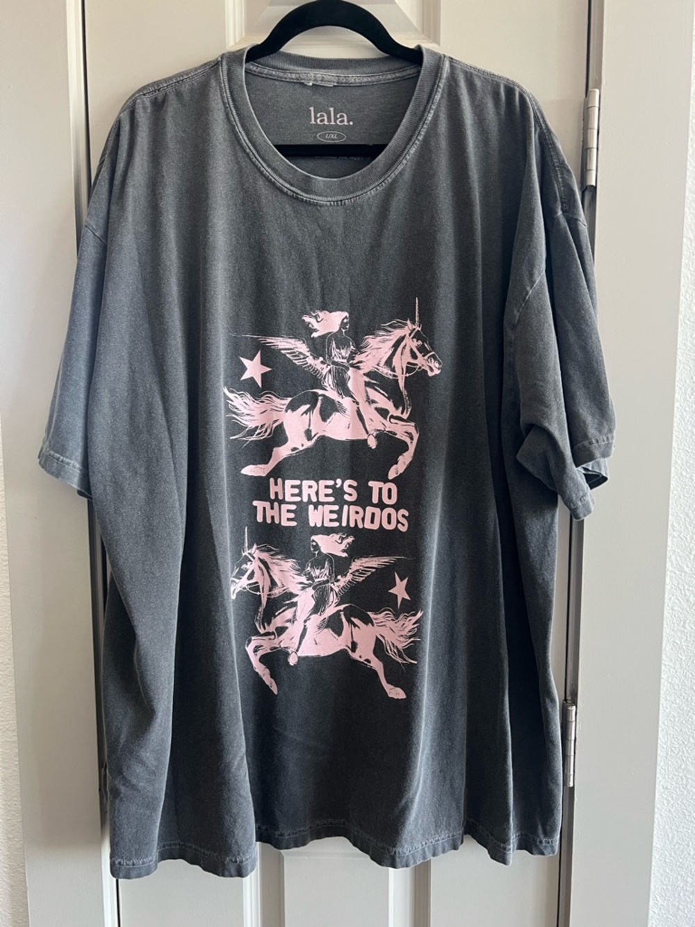 Dressed in LALA Gray Tee with Pink Logo